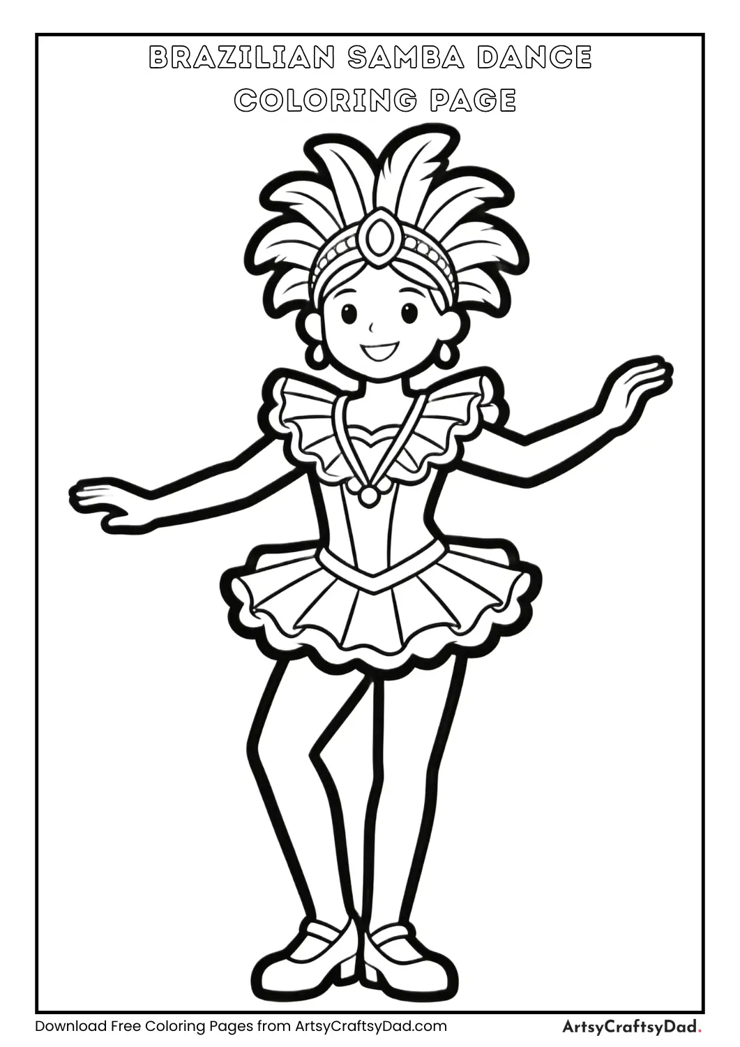 Brazilian Samba dancer in costume, black and white coloring page for kids.