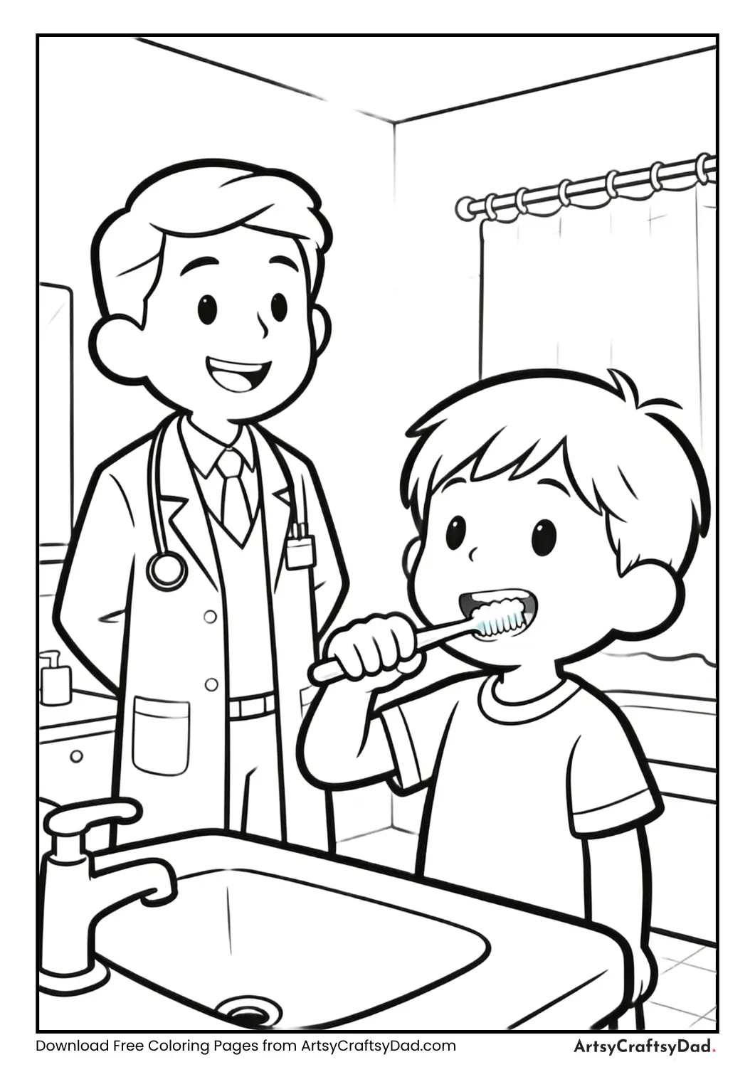 Child brushing teeth at home with dentist nearby