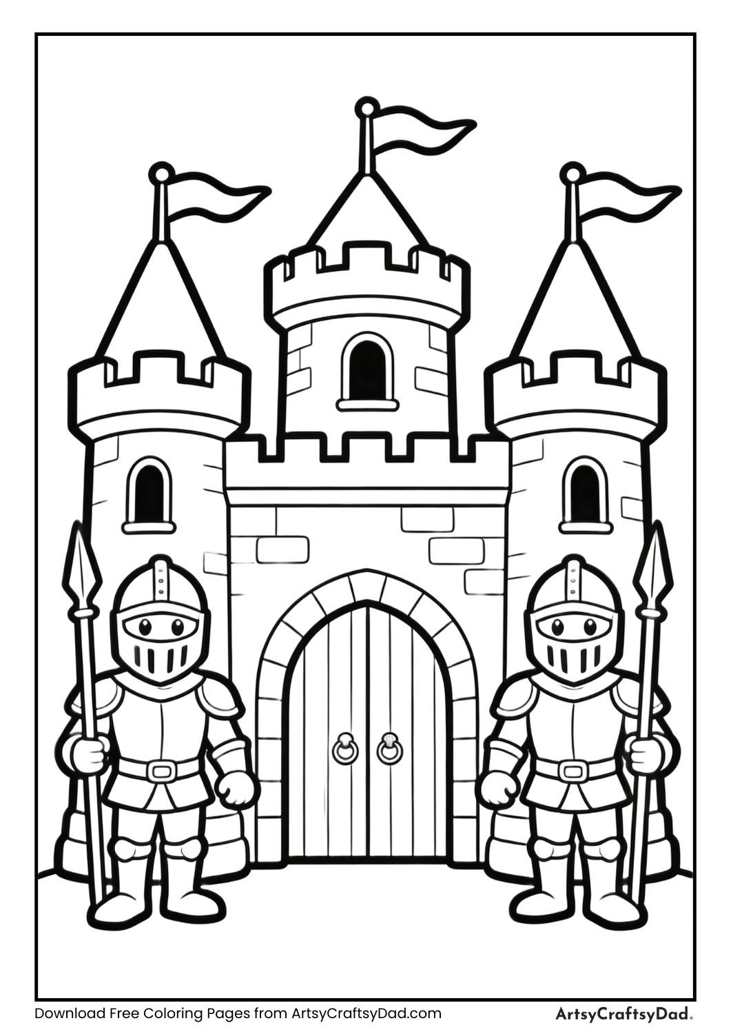 Castle with knights guarding the gate coloring page
