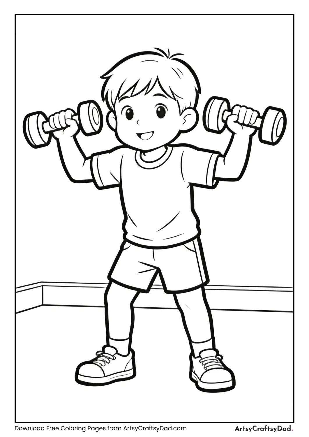 Child lifting light dumbbells coloring page