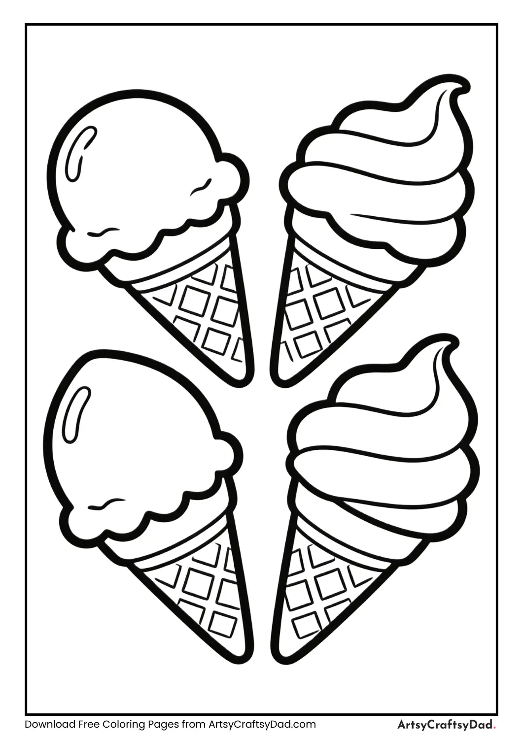 Count and color four ice cream cones coloring sheet