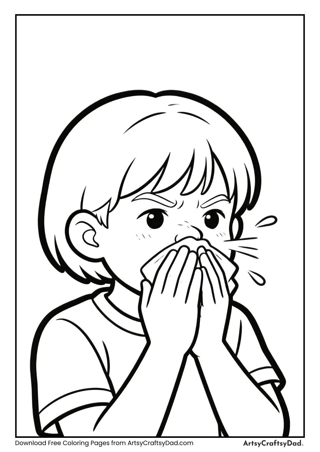 Child covering mouth while sneezing hygiene habit coloring page