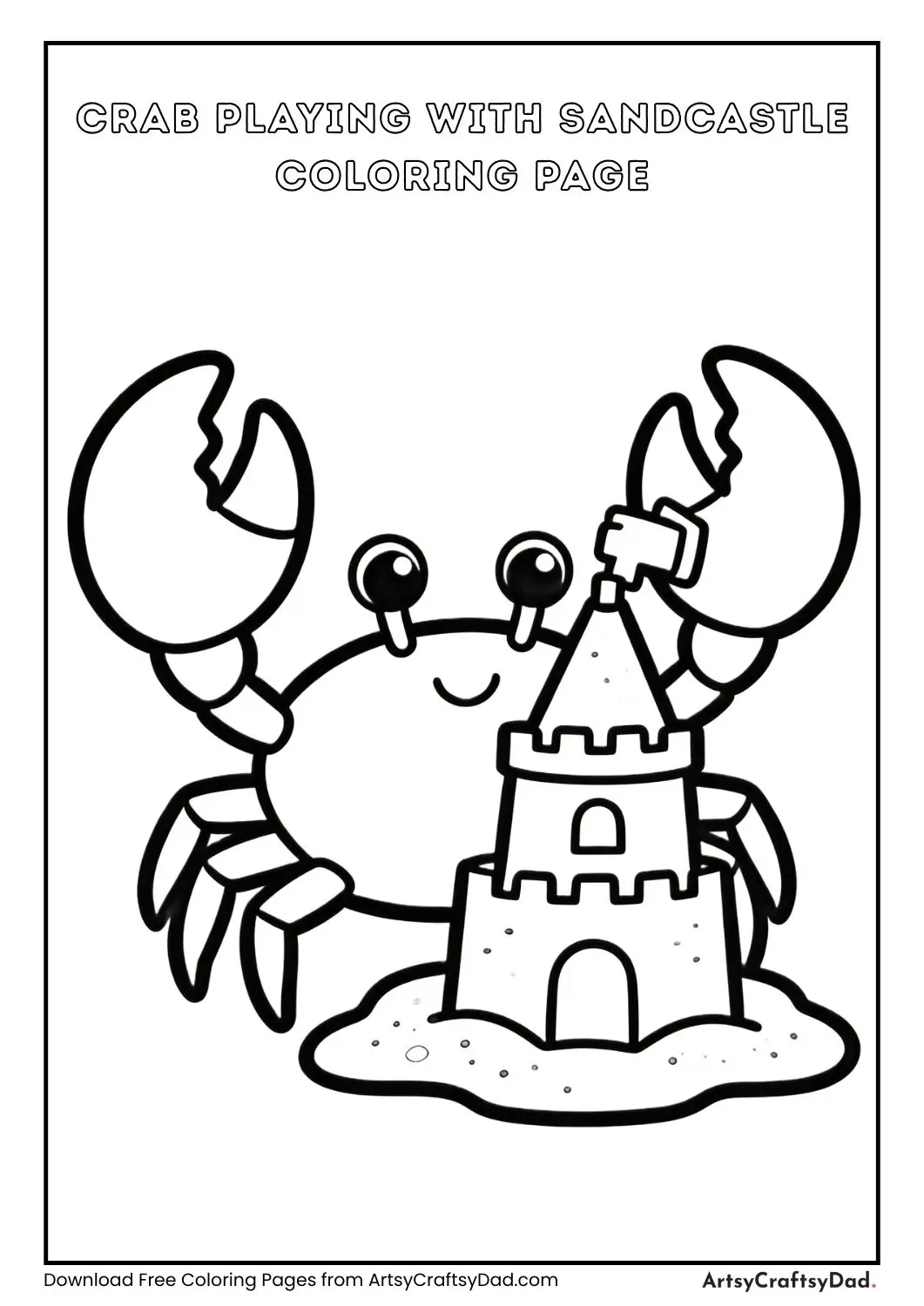 Crab playing with sandcastle black and white coloring page for children