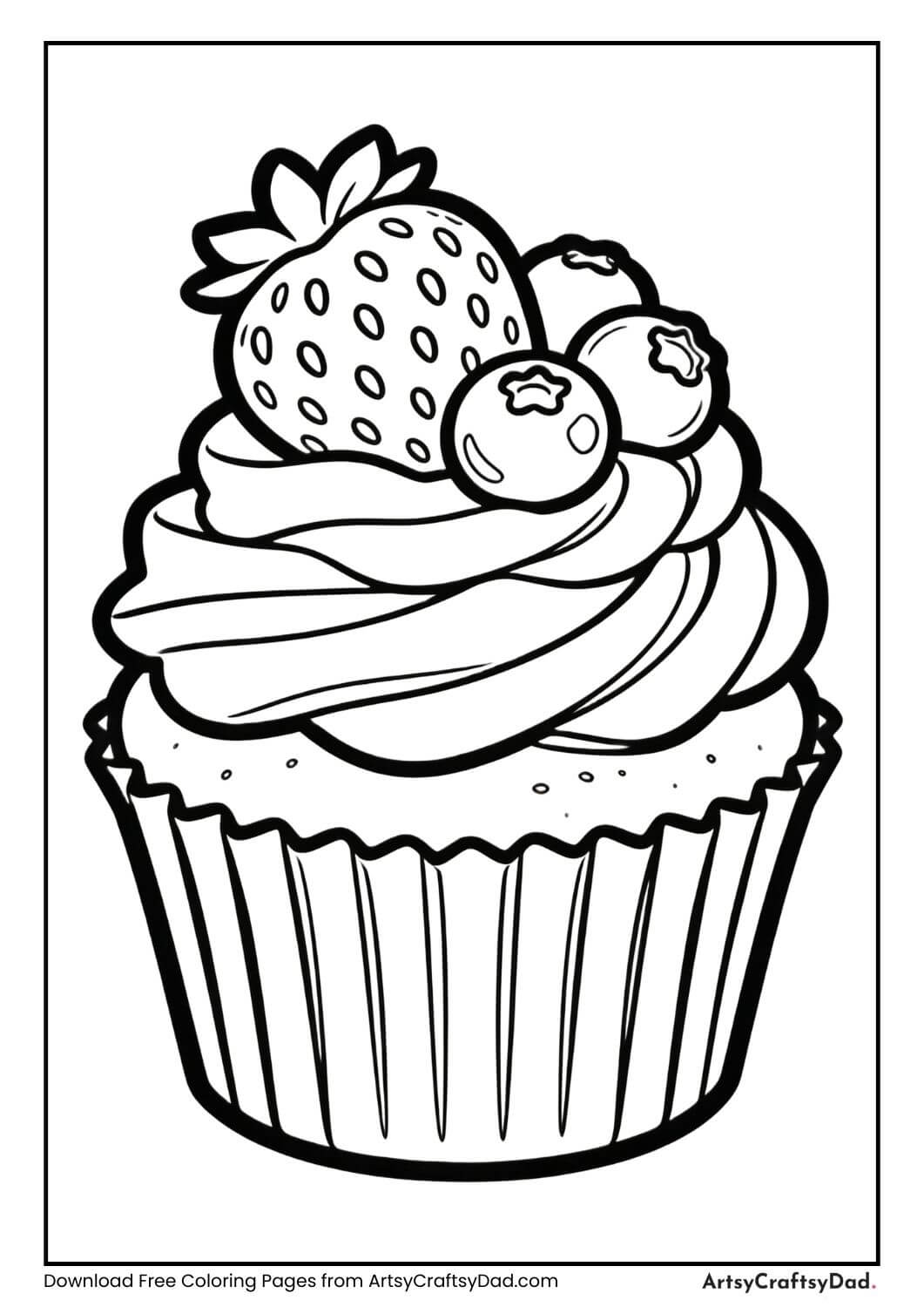 Cupcake with fruit toppings black and white coloring page
