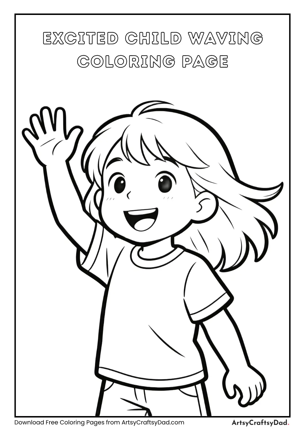 Excited child waving happily coloring page