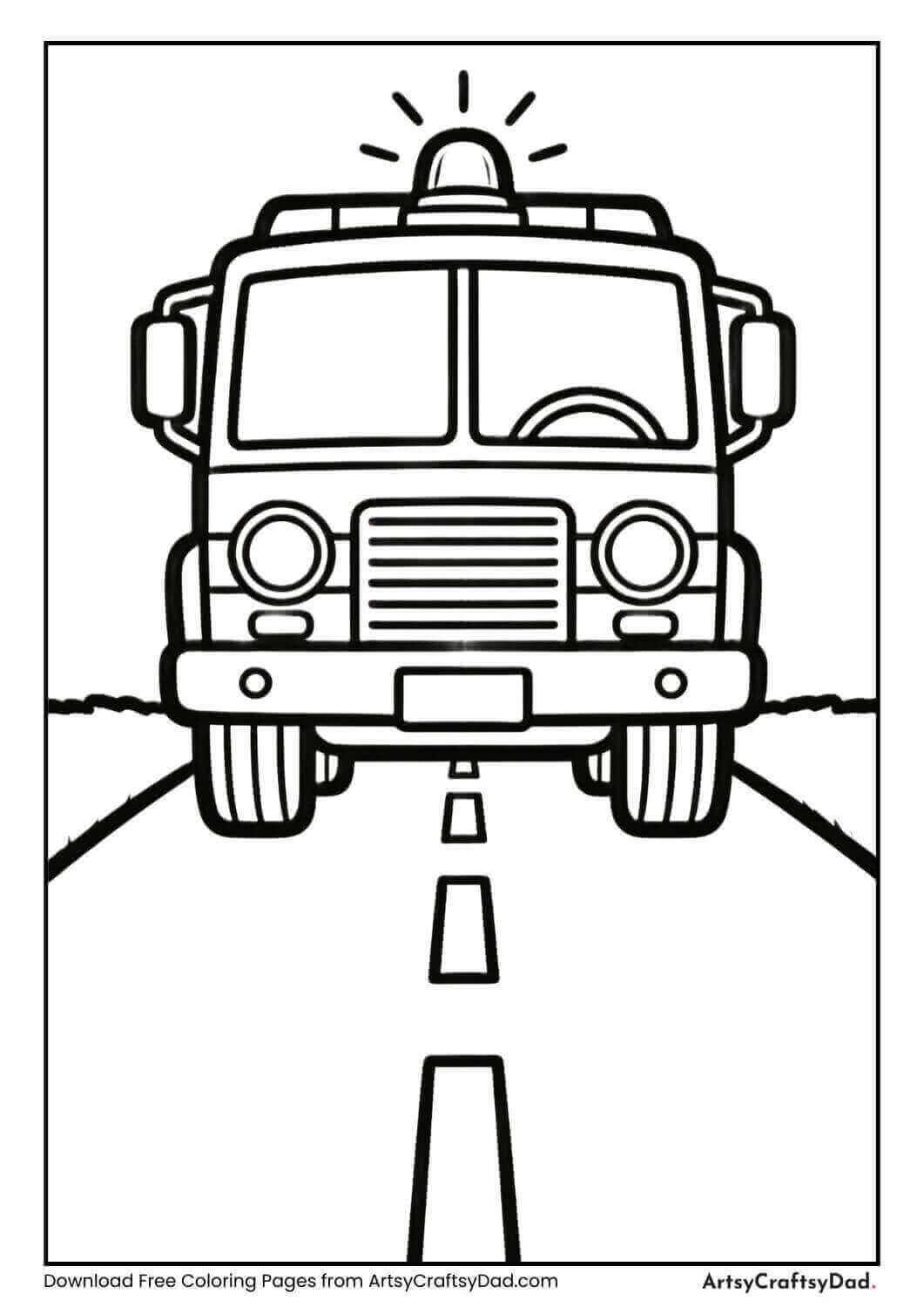 Fire truck driving with sirens coloring page
