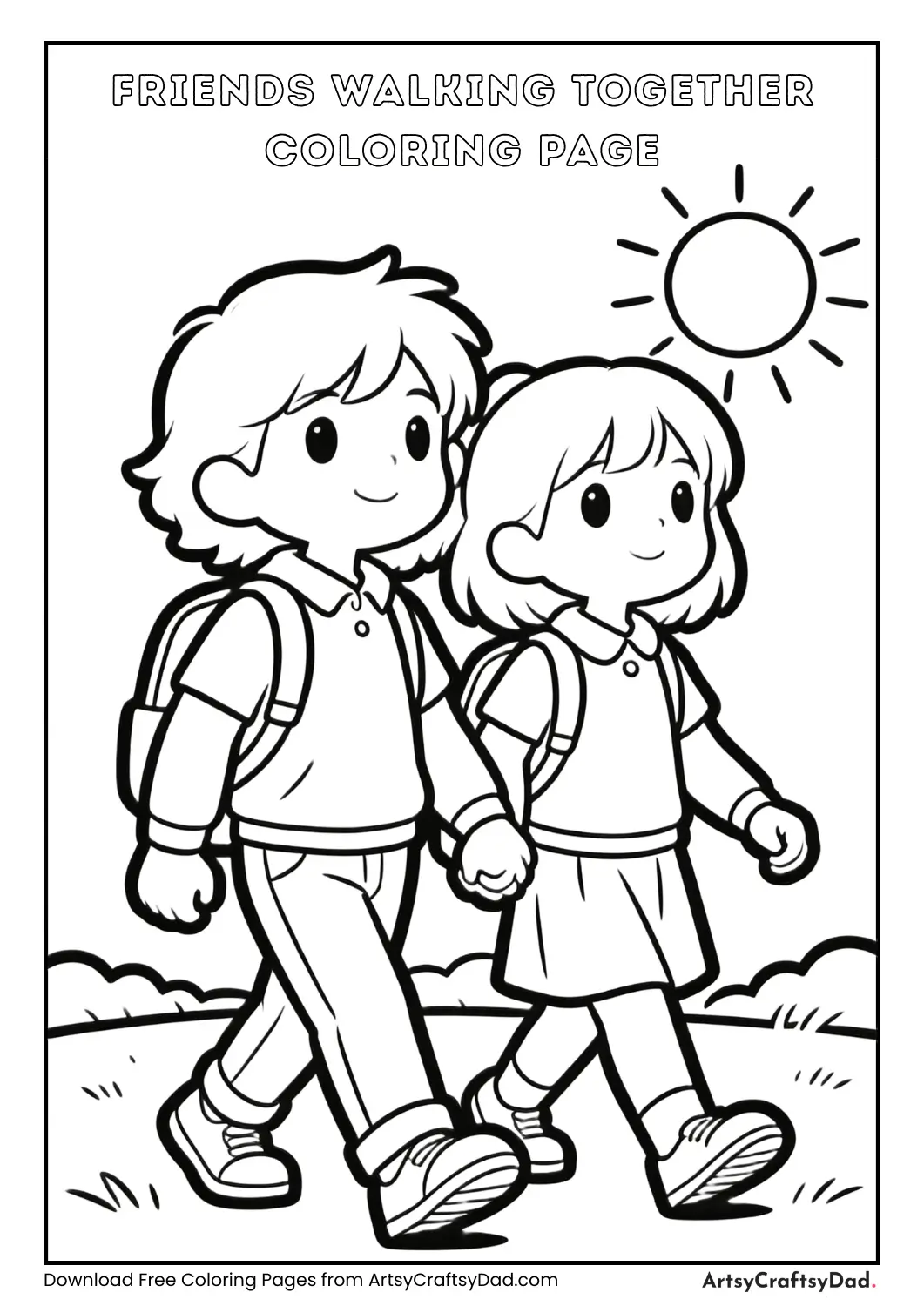Black and white coloring page of friends walking together