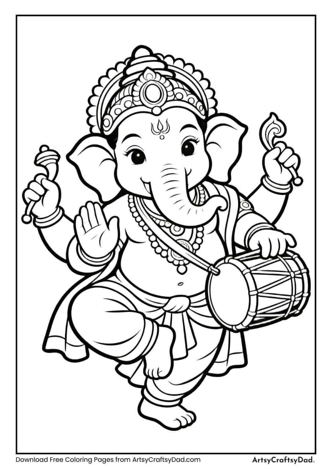Ganesha playing drum black and white coloring page