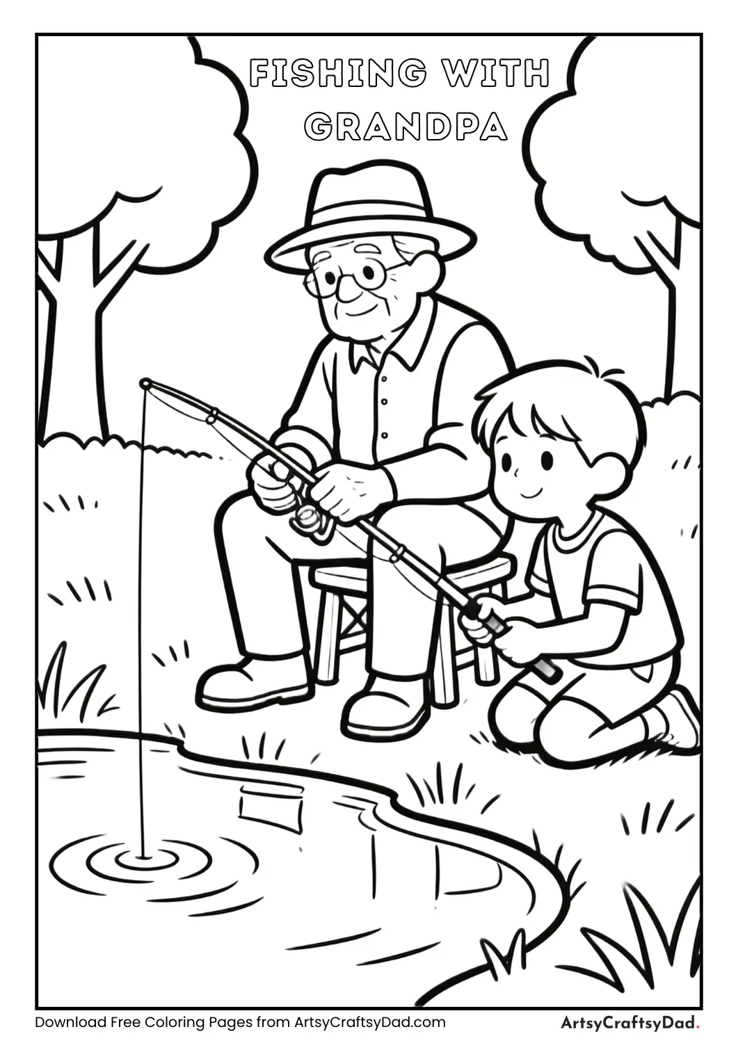 Black and white coloring page of grandpa fishing with child