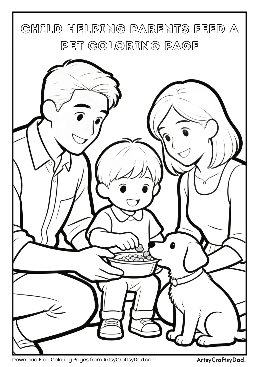 Child helping parents feed a pet coloring page