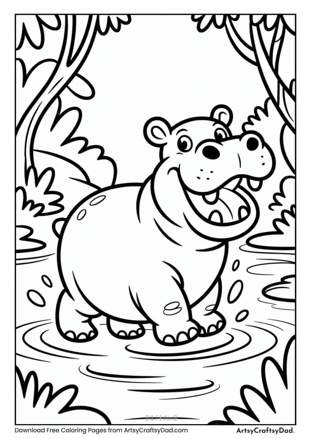 Hippo splashing water in jungle river coloring page for children.