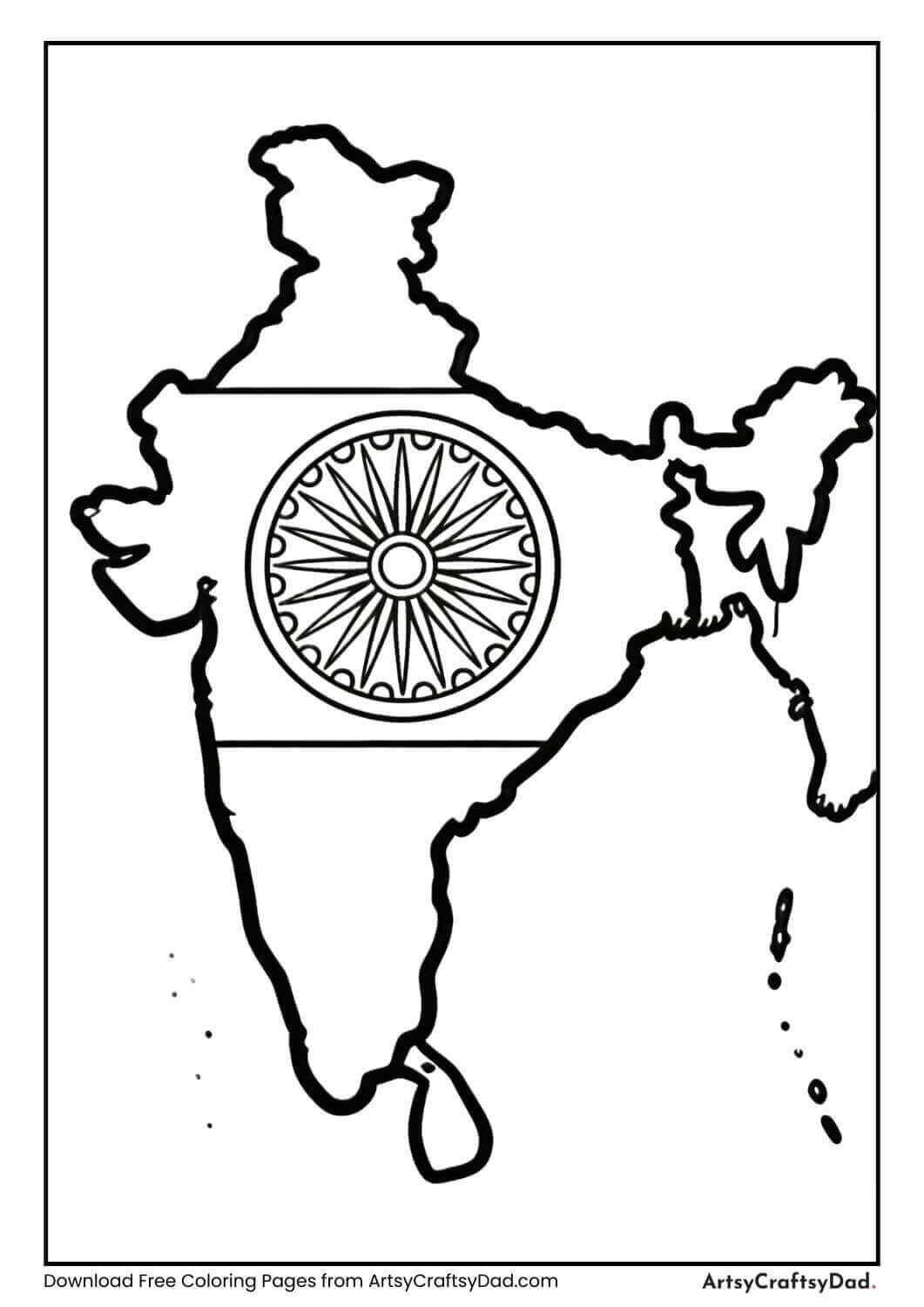 India map with Ashoka Chakra coloring page