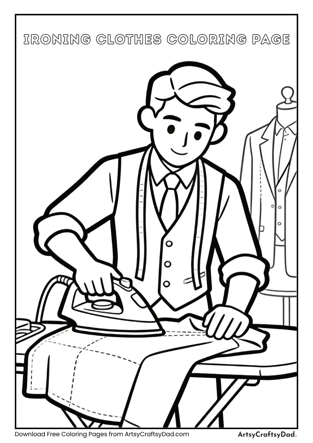 Tailor ironing freshly stitched clothes coloring page