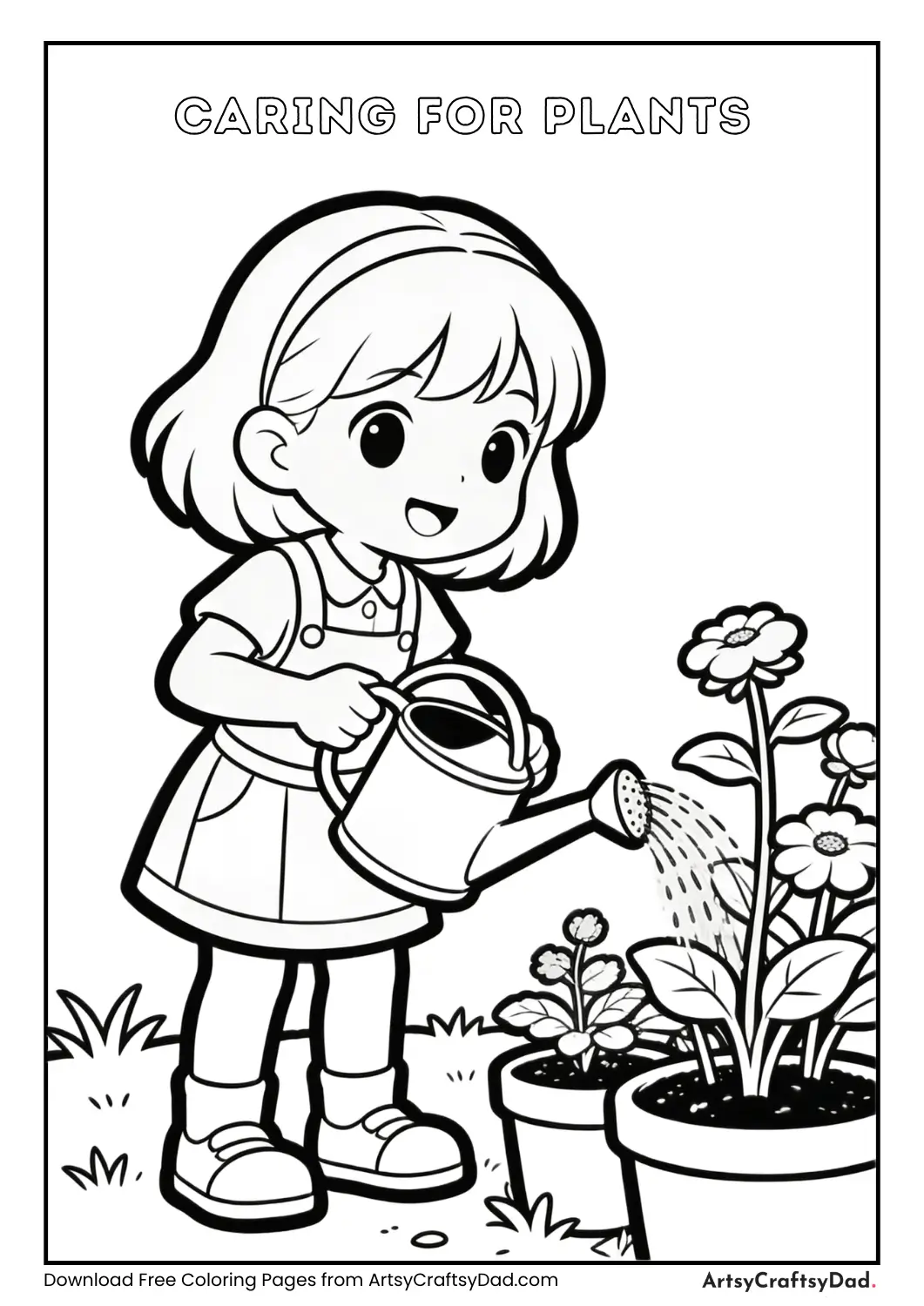 Child watering plants kindness coloring page