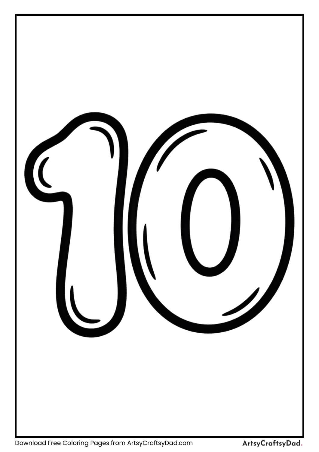 Bubble number 10 black and white coloring page for kids