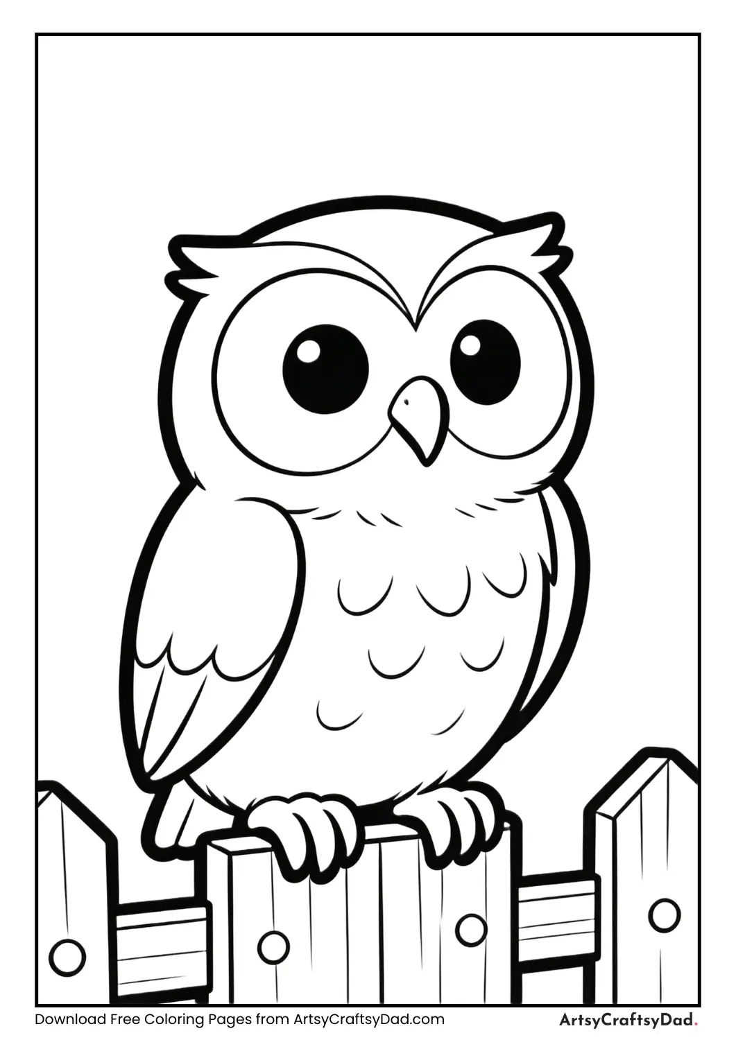 Owl sitting on fence black and white coloring page
