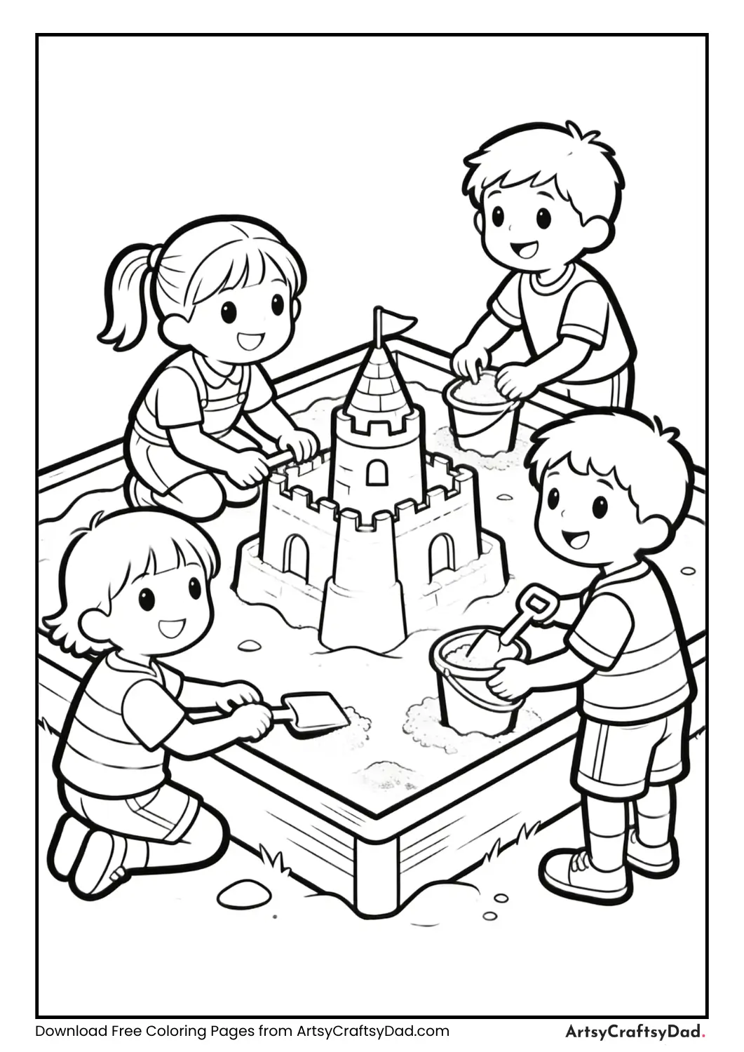 Children building sandcastles in a sandbox at the park.