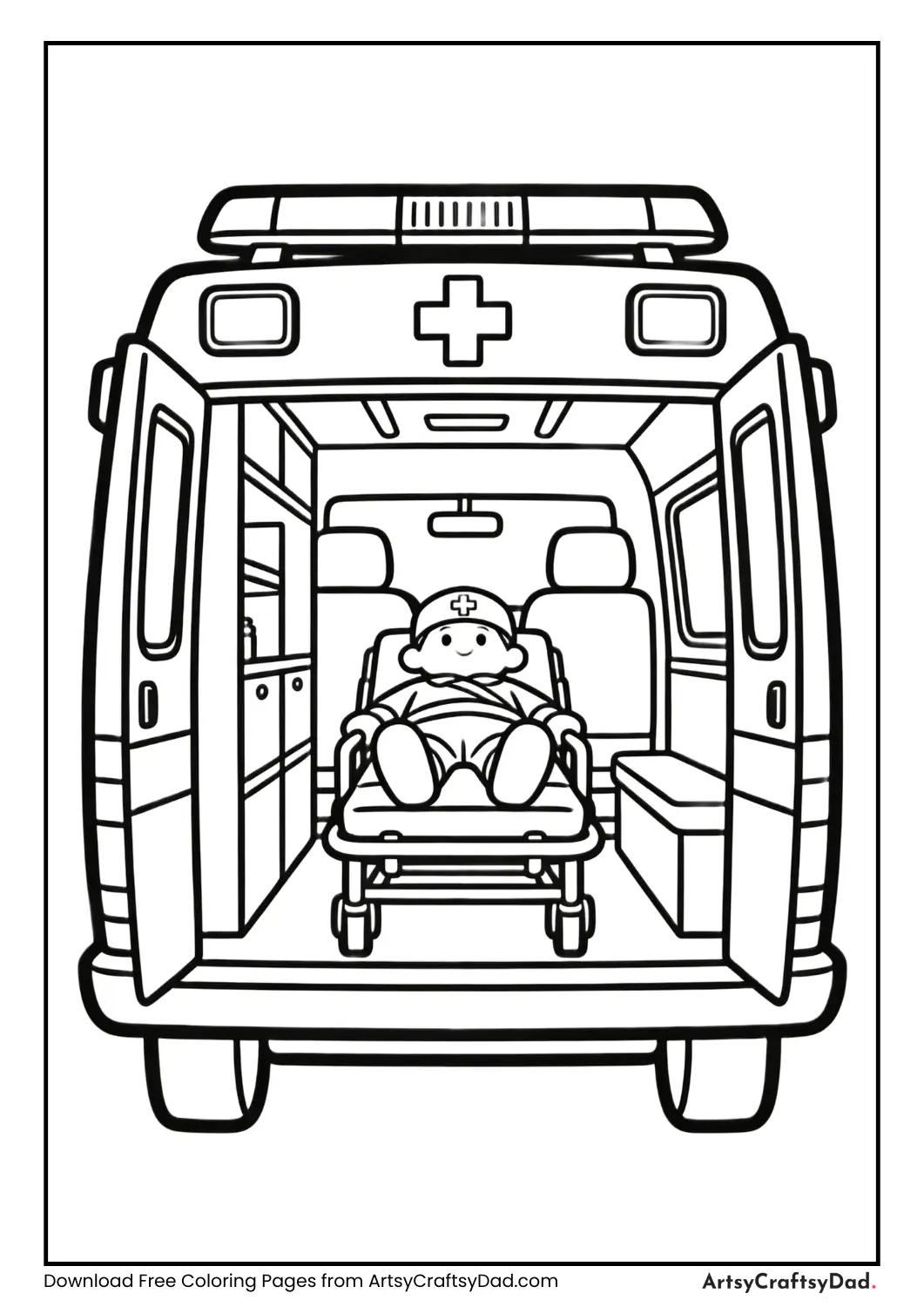 Patient on stretcher inside ambulance coloring page