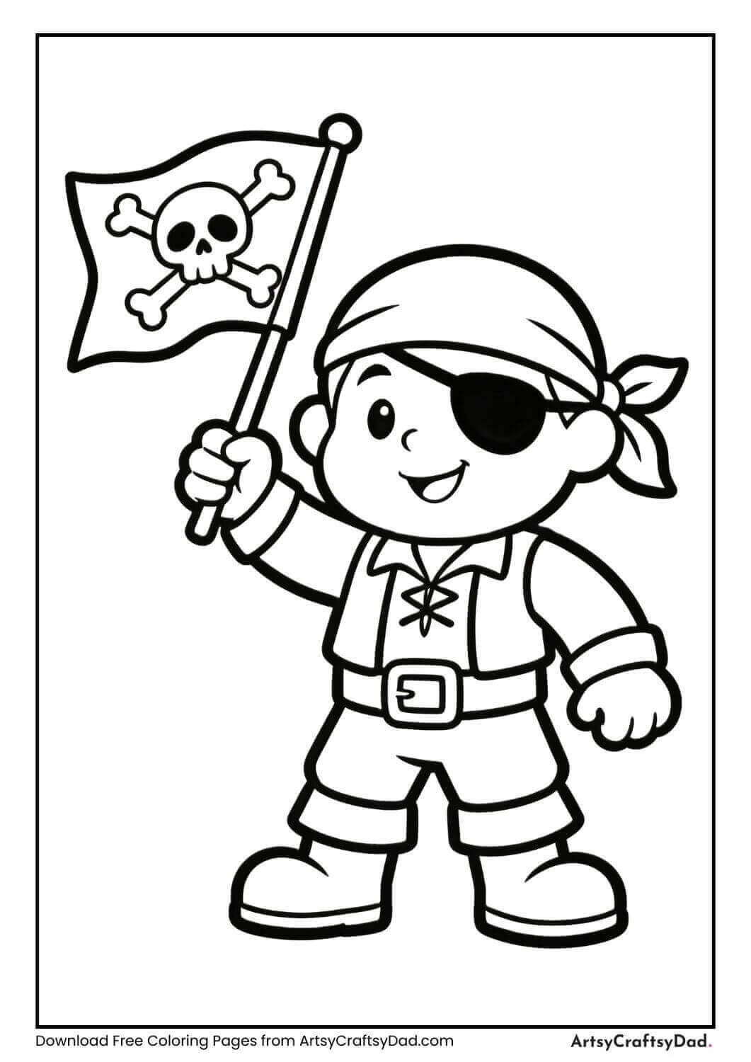 Pirate holding a skull pirate flag coloring page