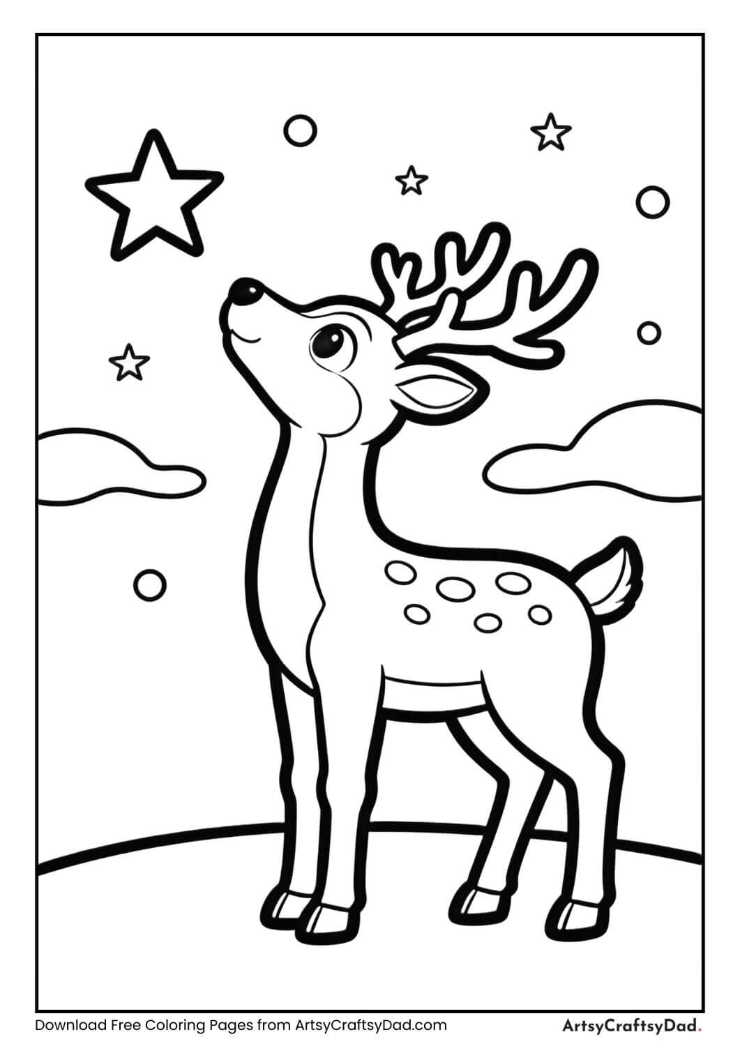 Reindeer looking at a star black and white coloring page