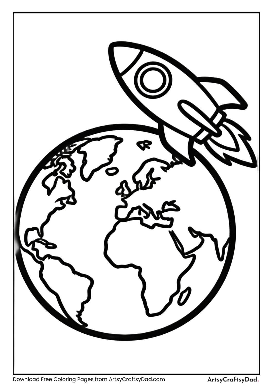 Space rocket flying near Earth coloring page