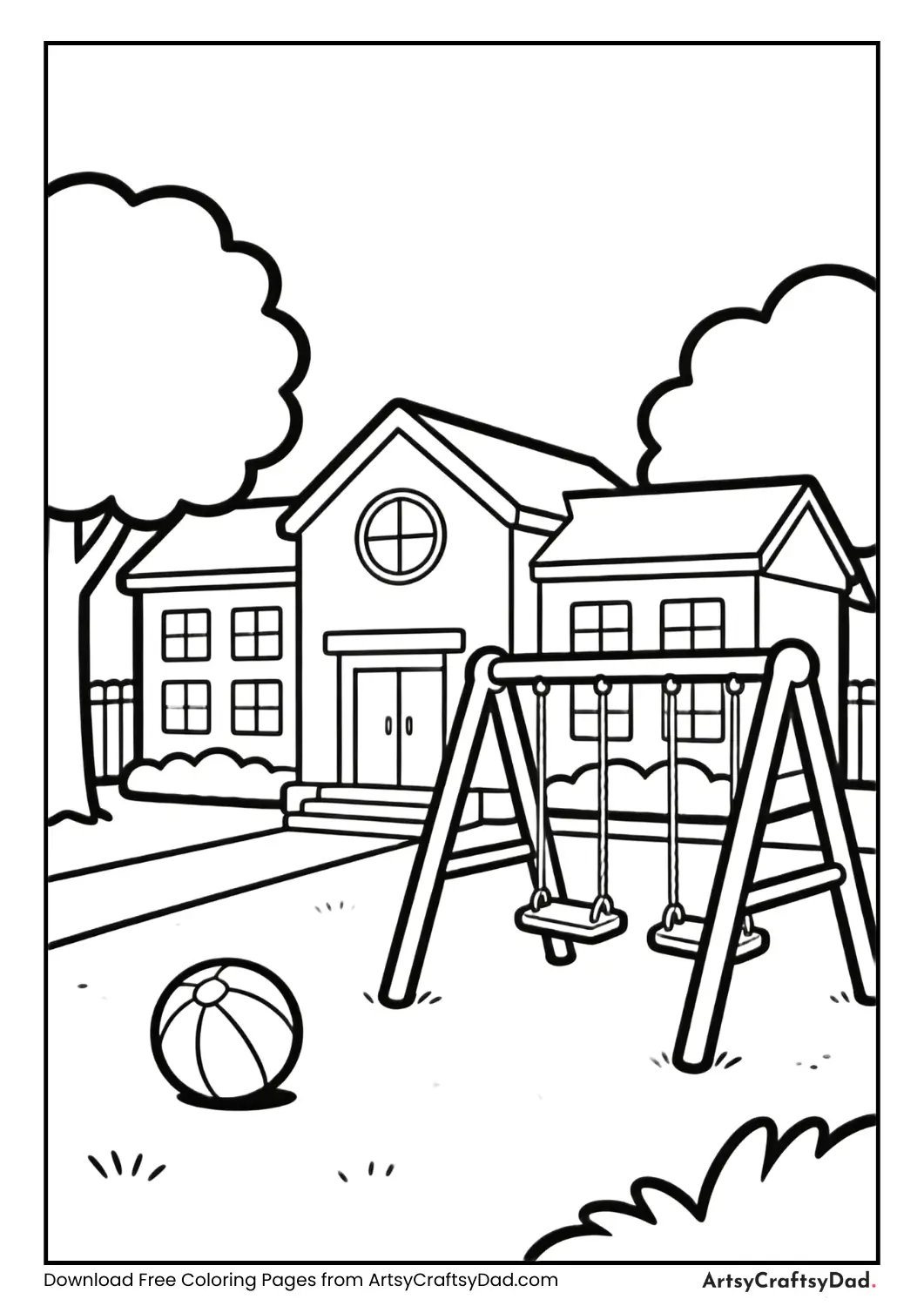 School building with playground yard coloring page