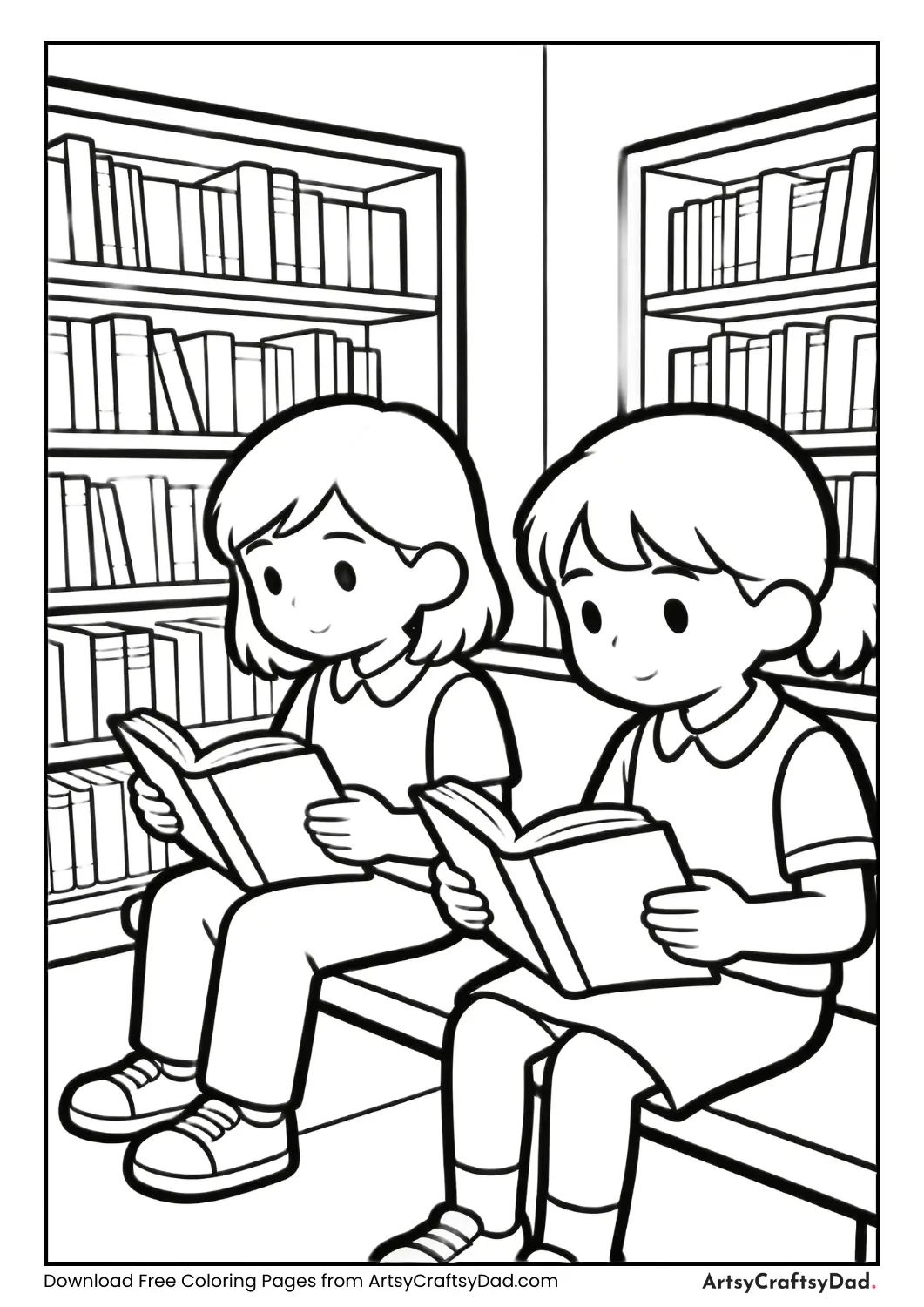 Students reading in library coloring page