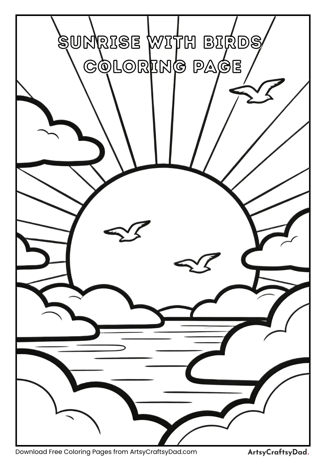 Sunrise with flying birds coloring page