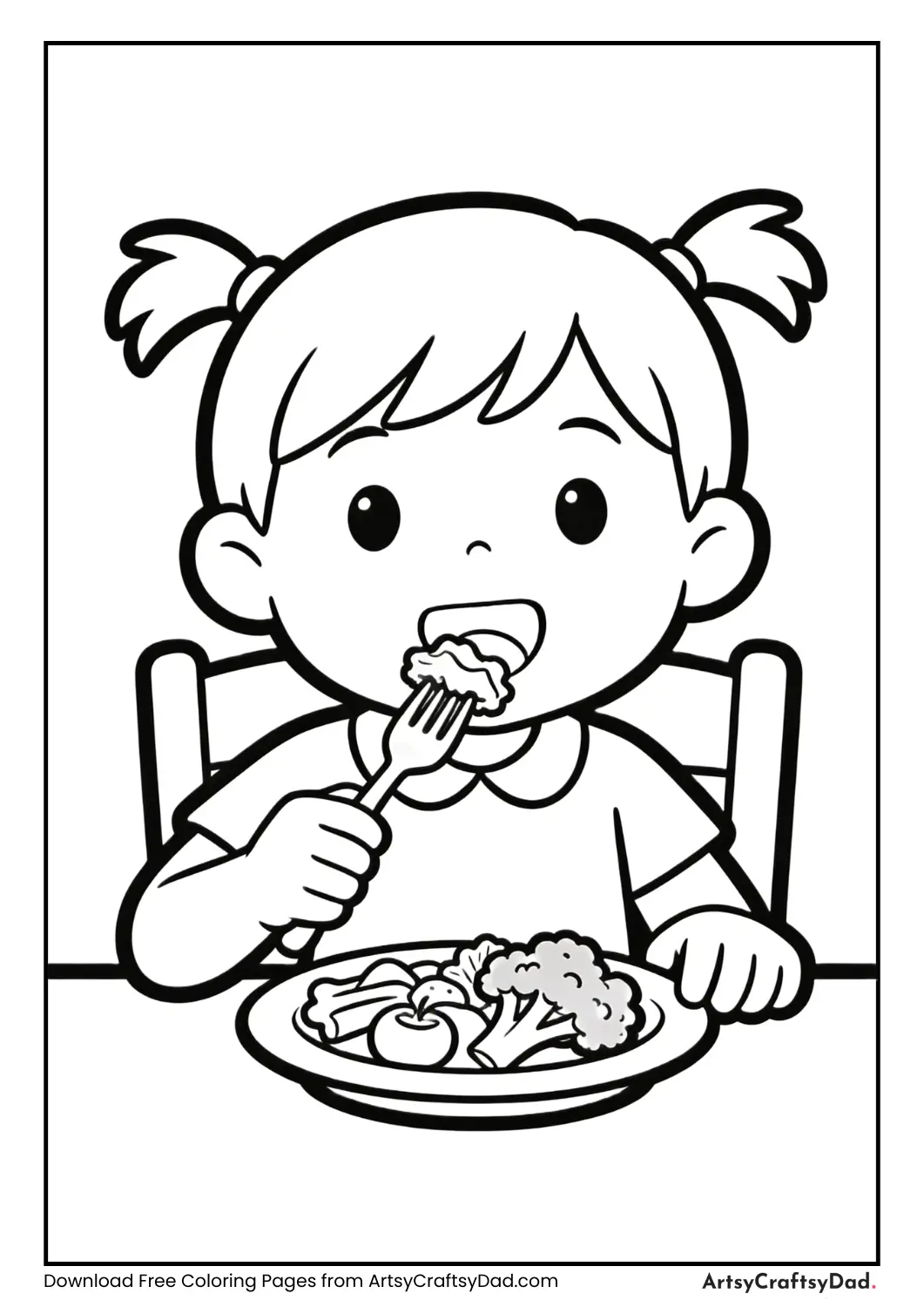 Child using fork correctly coloring page