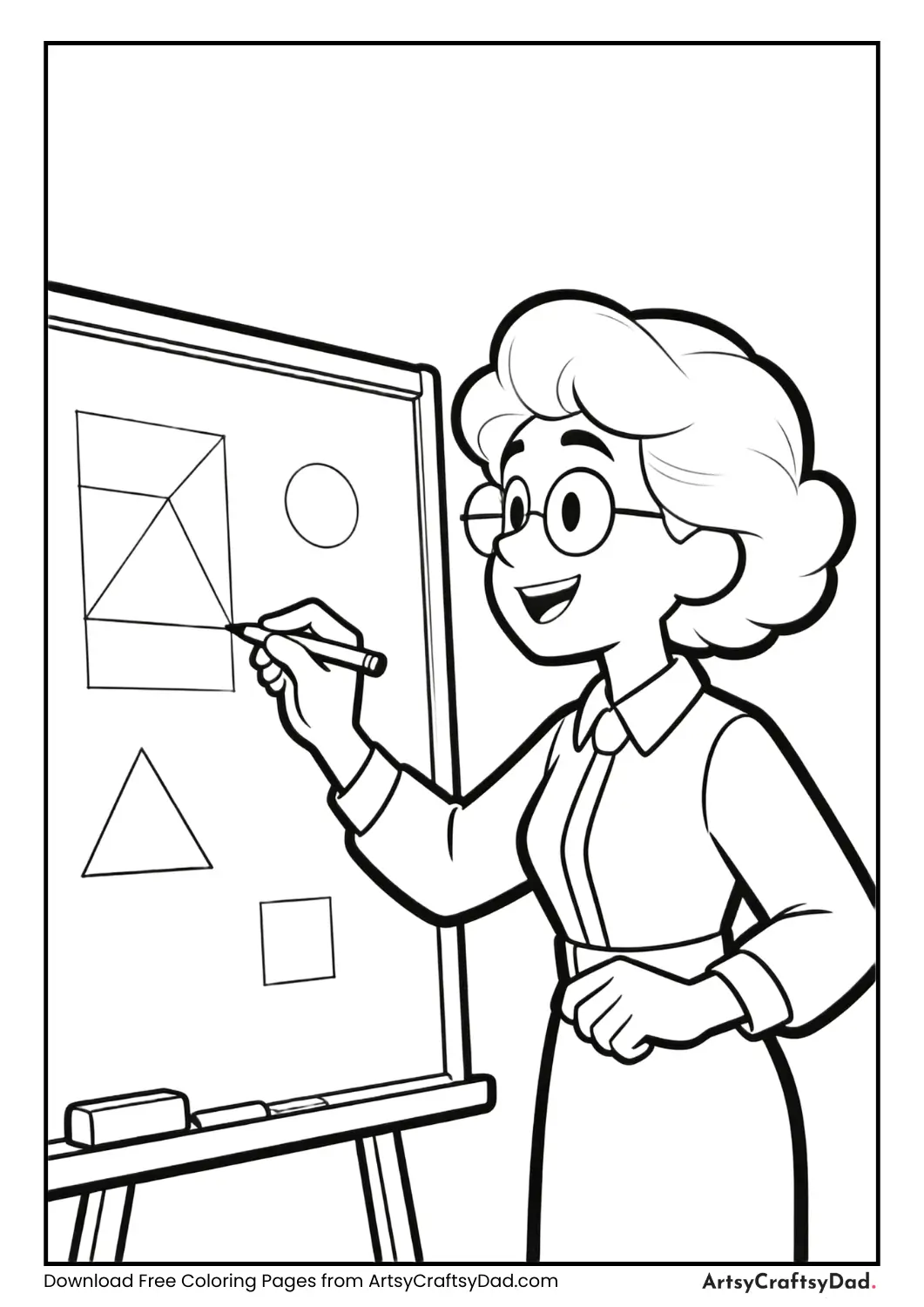 Teacher drawing shapes on board coloring page