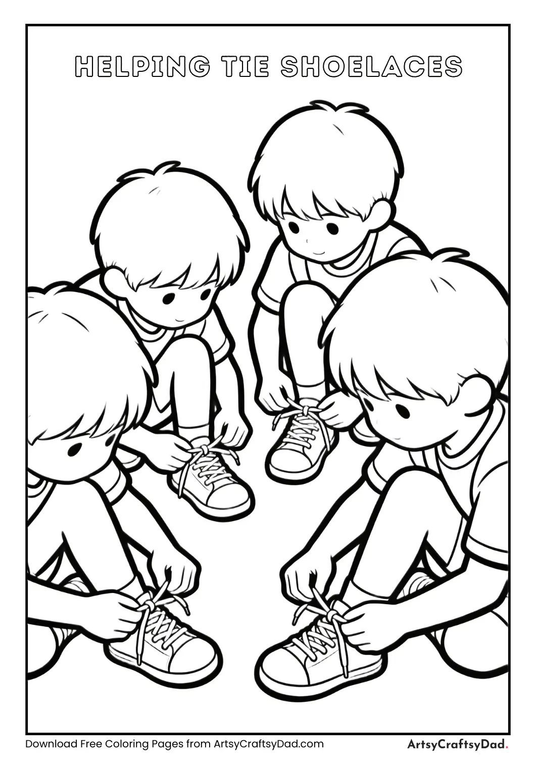 Children helping each other tie shoelaces.