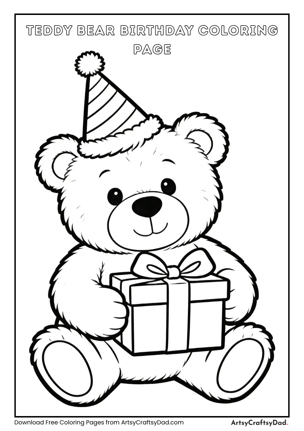 Teddy bear holding birthday gift coloring page