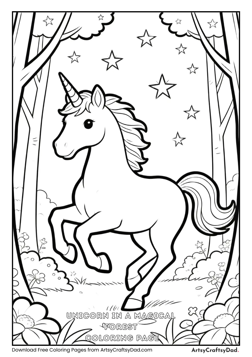 Unicorn running through a magical forest with sparkling stars coloring page.