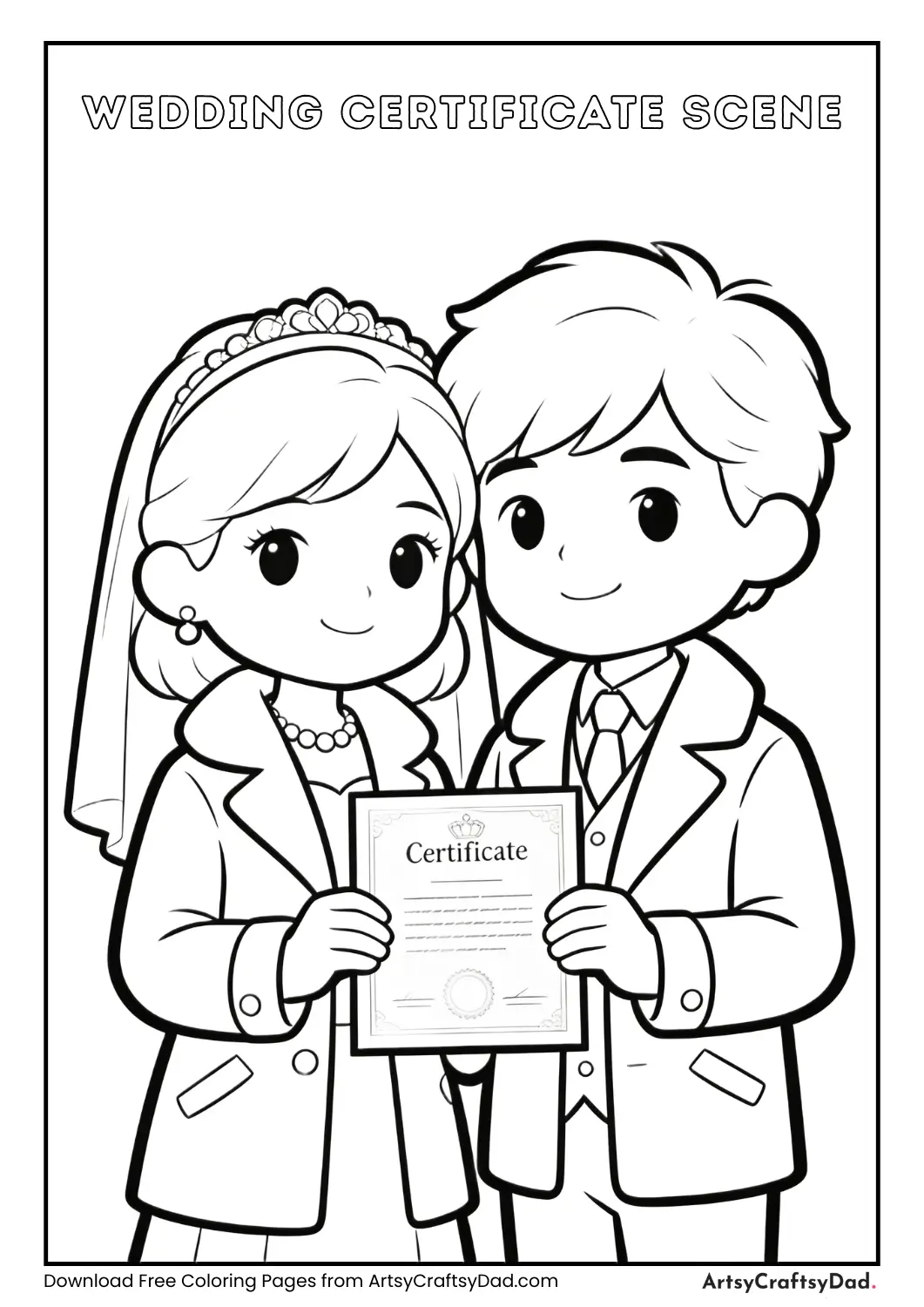 Bride and groom holding wedding certificate coloring page