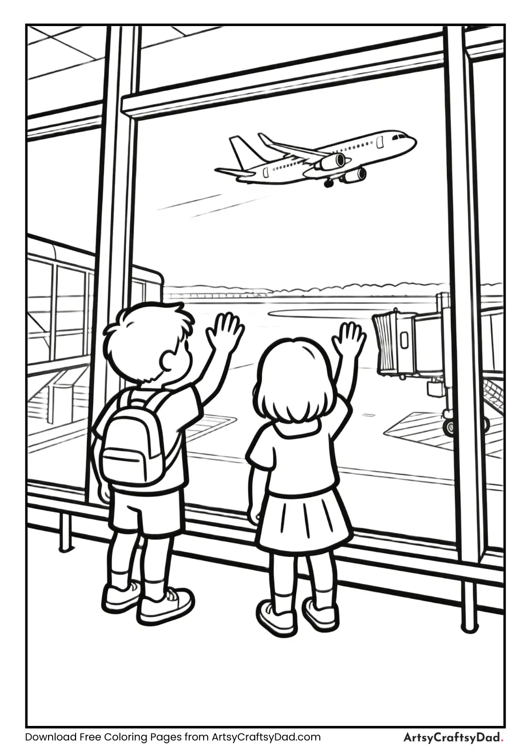 Children waving goodbye at airport window coloring page