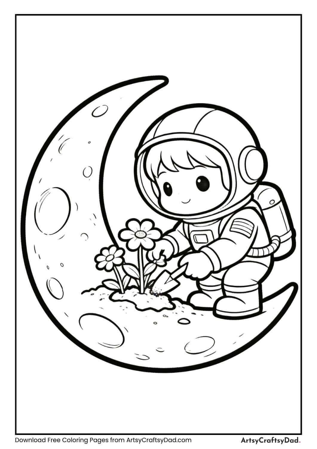 Astronaut planting flowers on moon coloring page