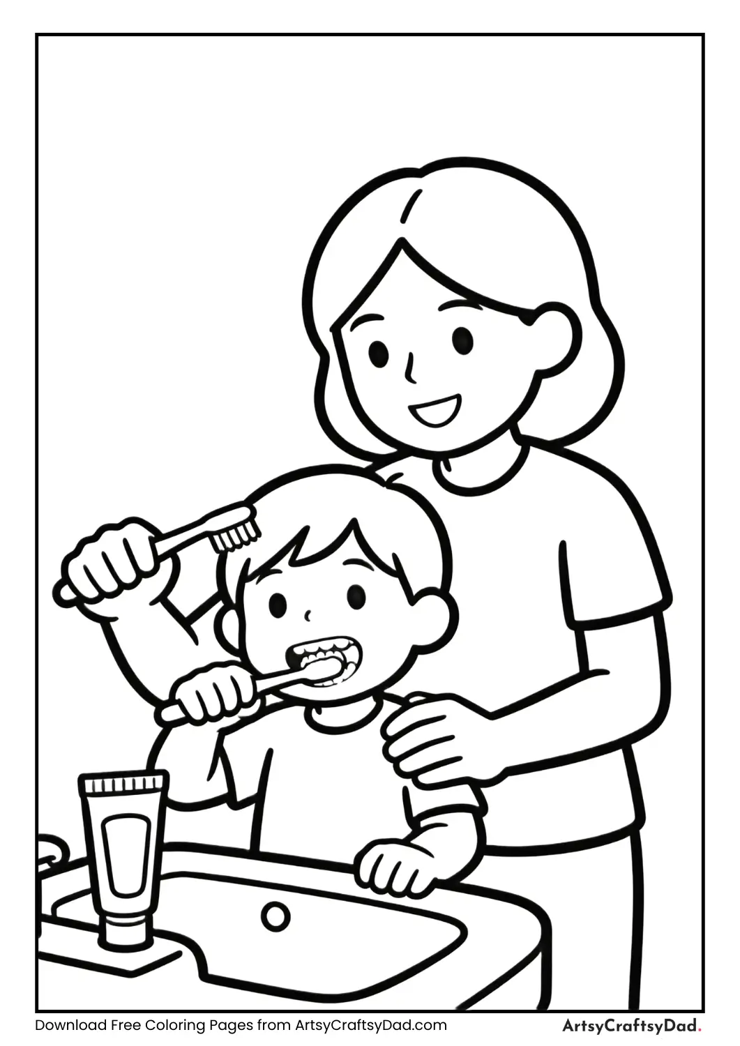 Child brushing teeth before bedtime, black and white coloring page.