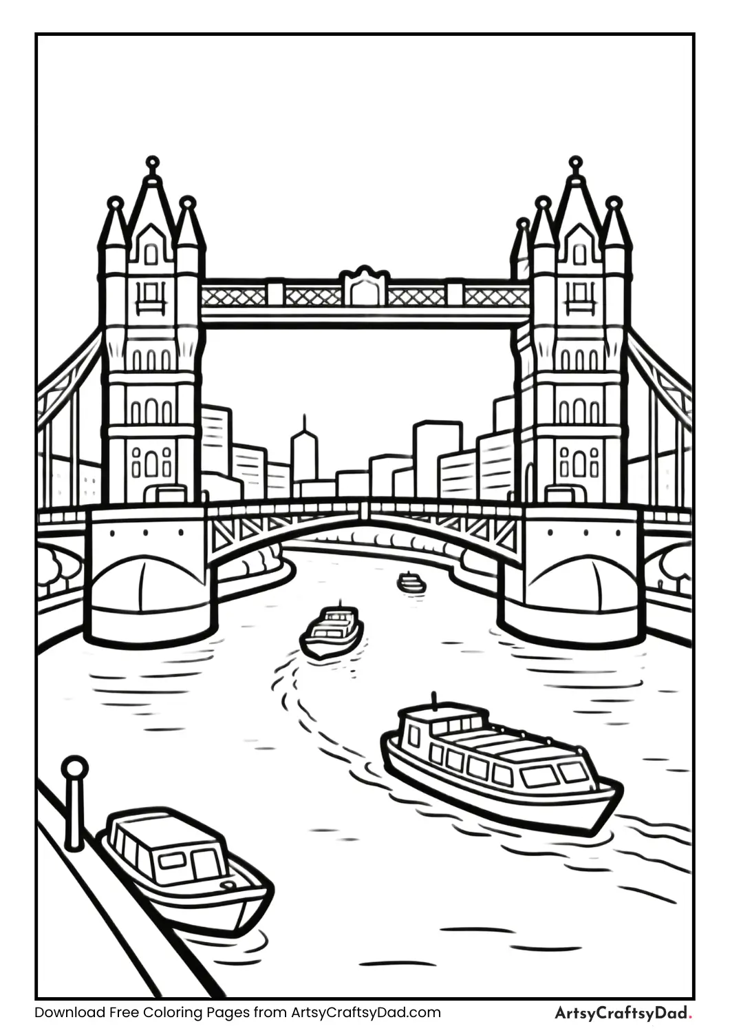 City bridge over river with boats coloring page