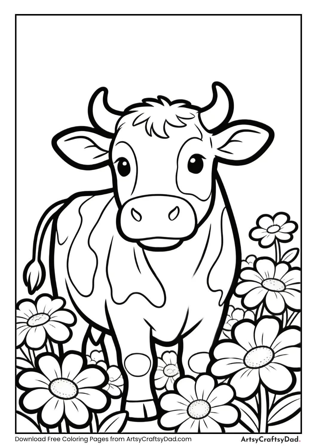 Cow with flowers black and white coloring page