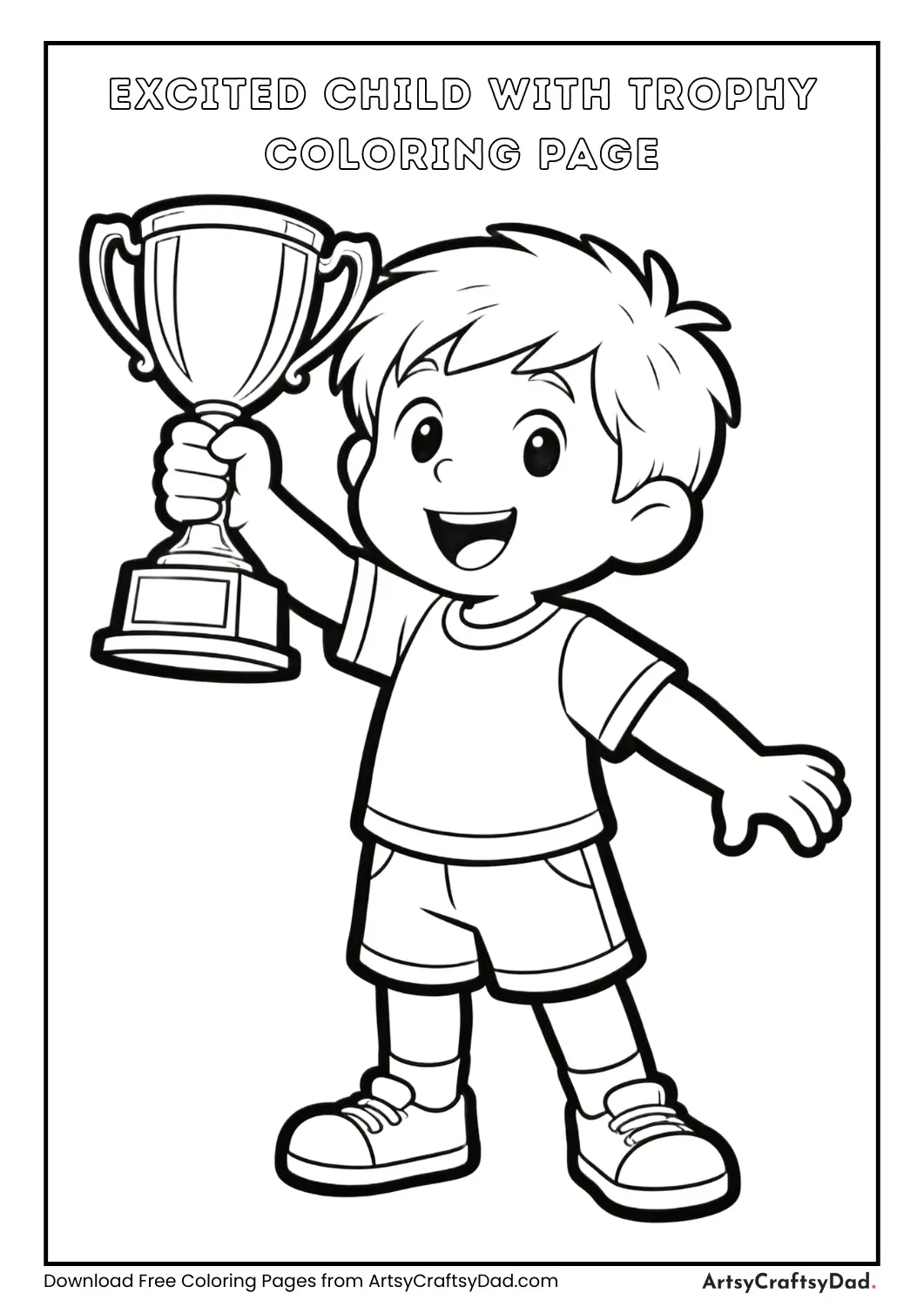 Excited child holding trophy coloring page