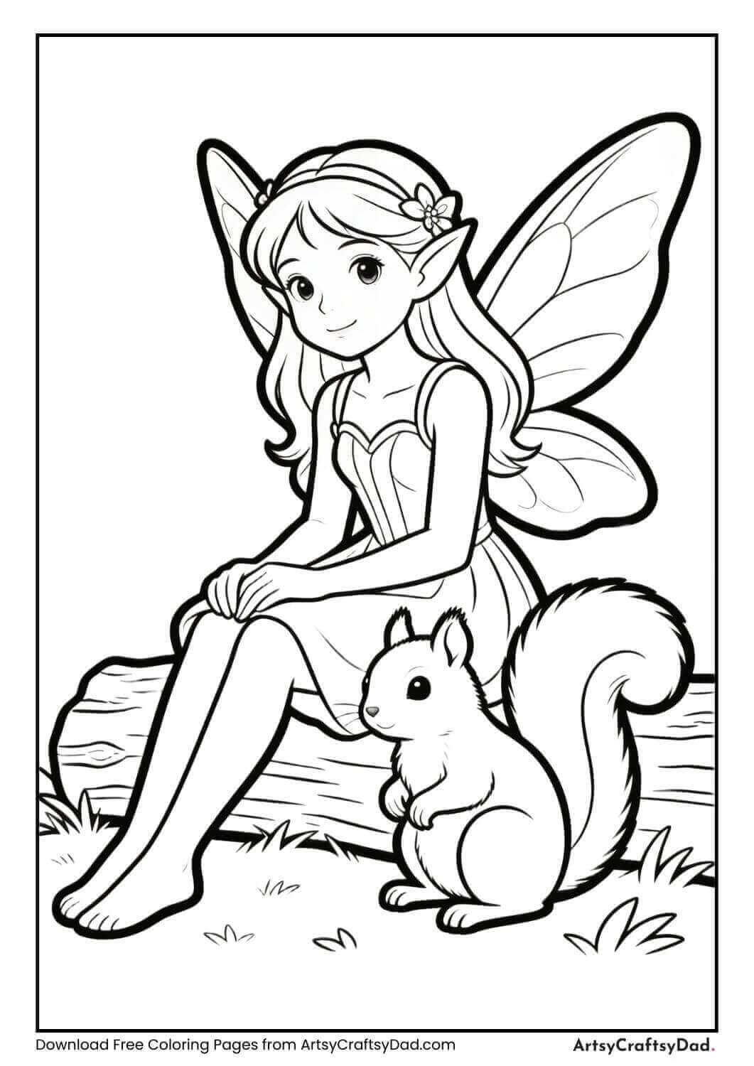 Fairy making friends with a small squirrel