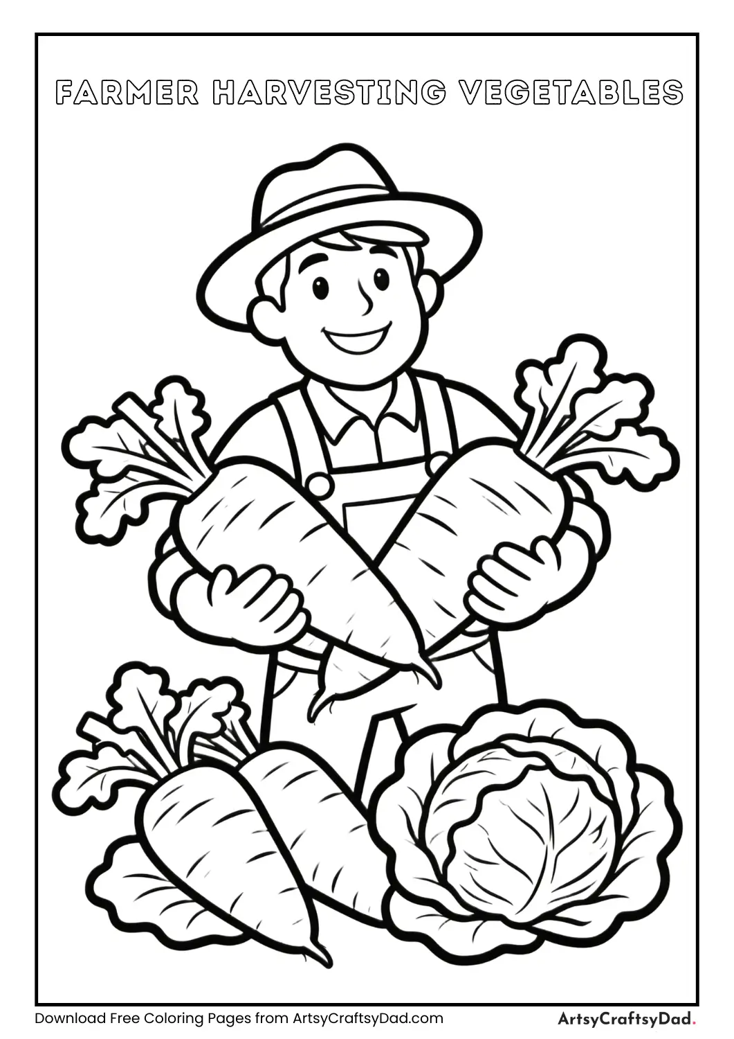 Farmer harvesting vegetables from garden coloring page