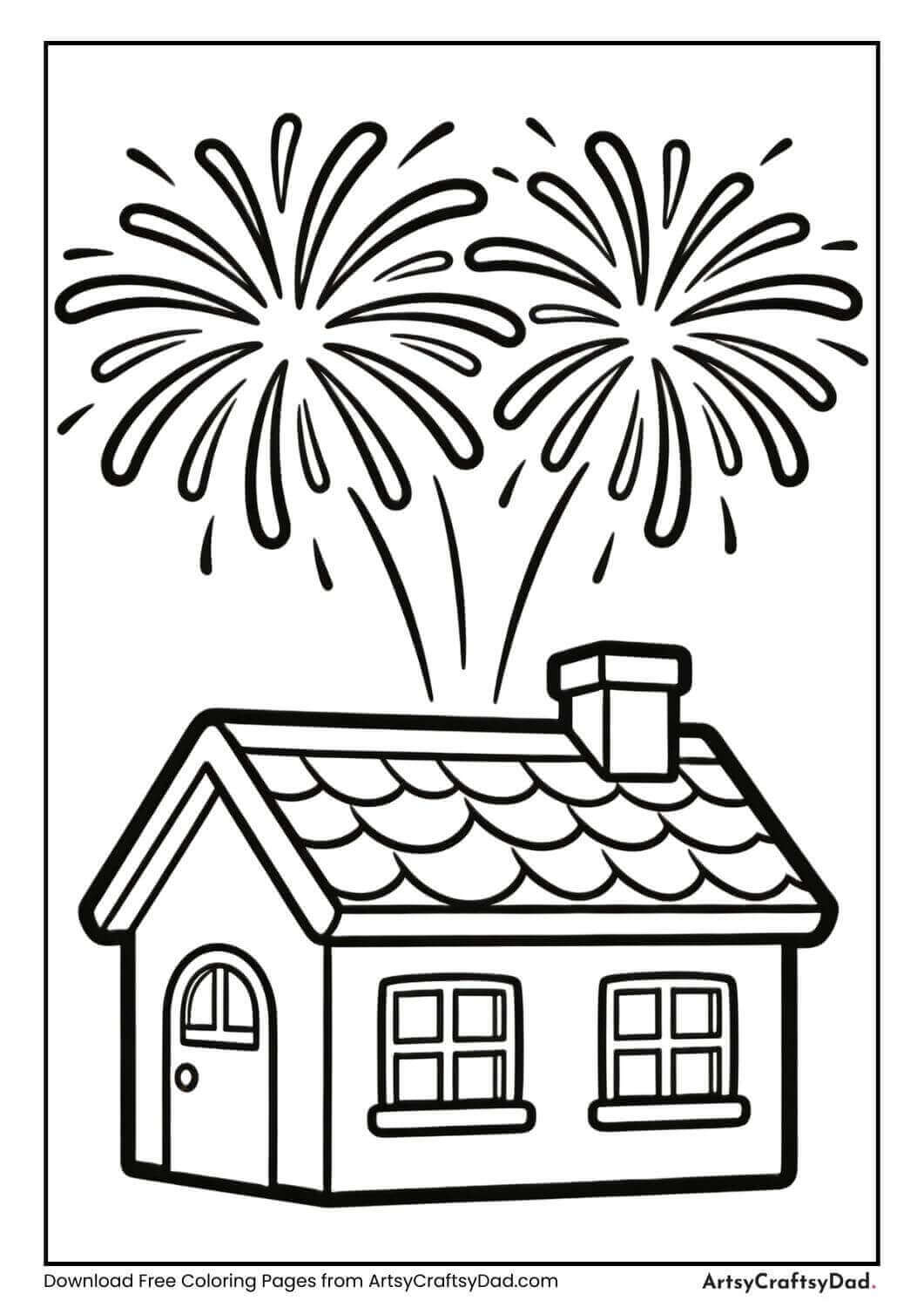 Fireworks above house black and white coloring page