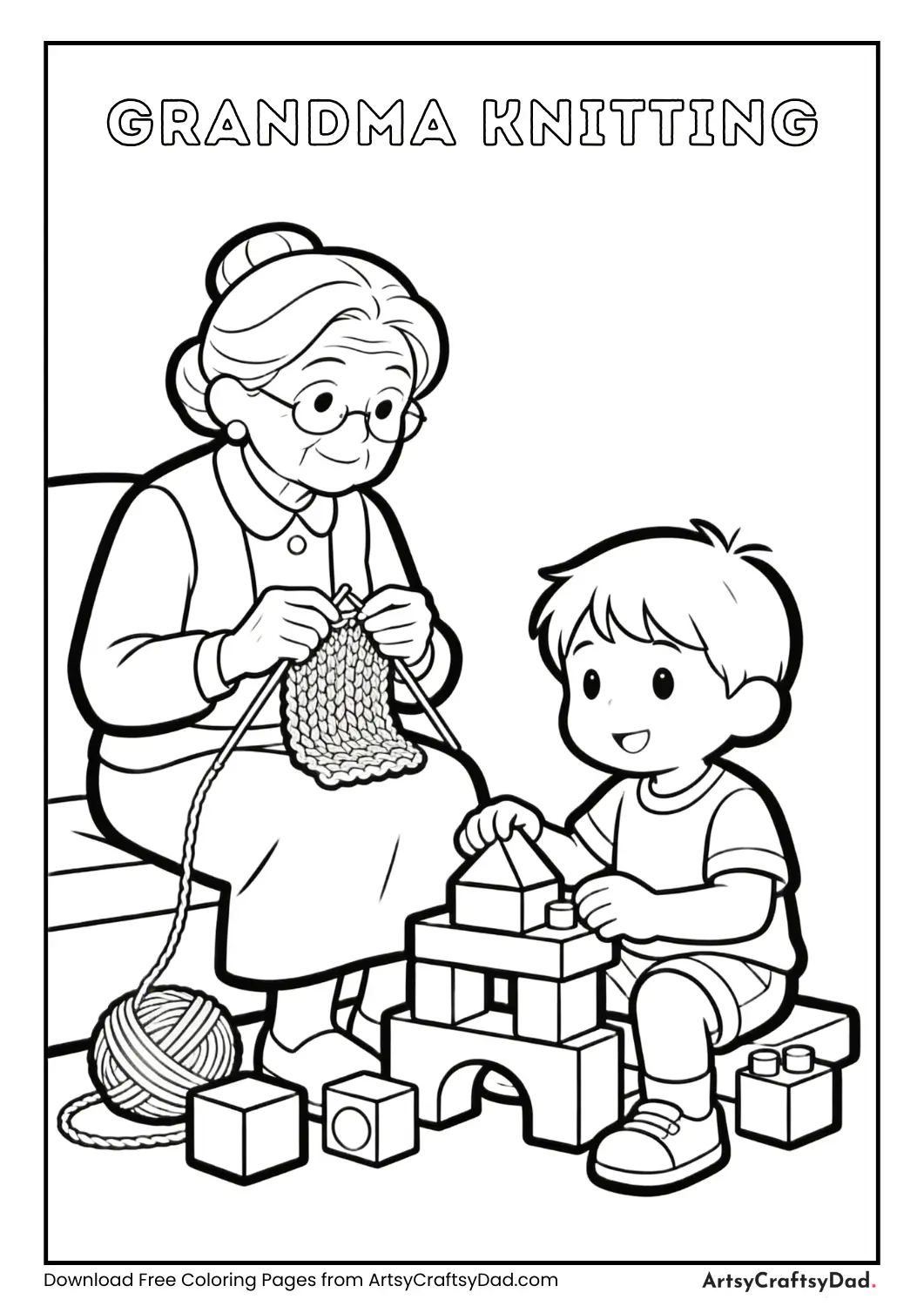 Black and white coloring page of grandma knitting