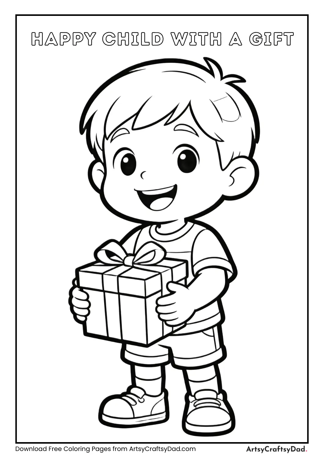 Happy child holding gift box coloring page
