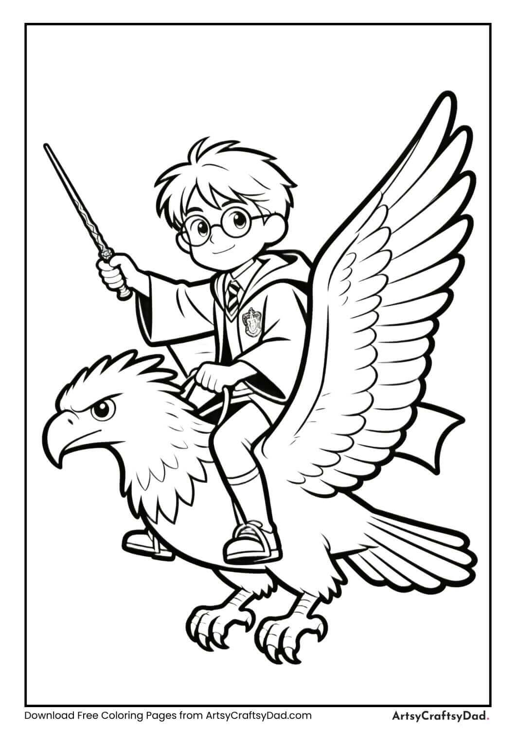Harry Potter riding a Hippogriff coloring page