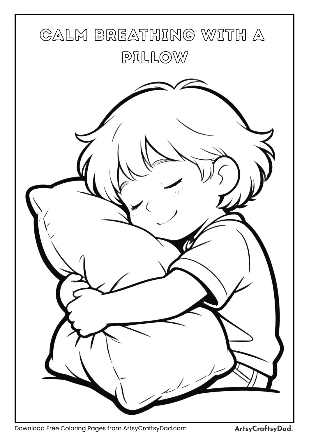 Child hugging pillow calm breathing coloring page