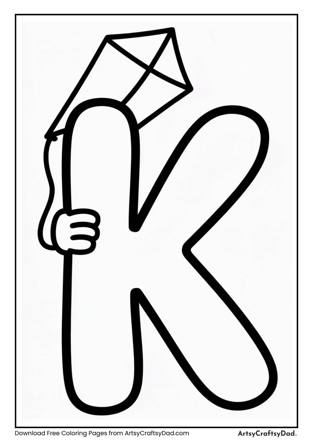 Letter K kite coloring page for kids
