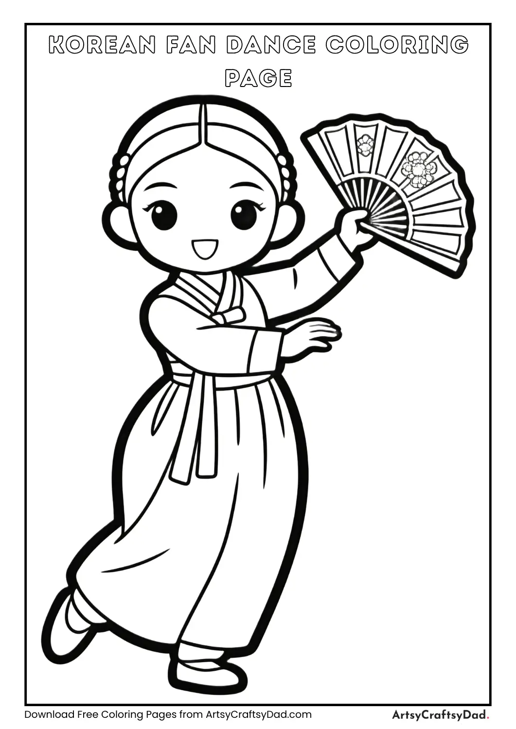 Korean dancer performing traditional fan dance, black and white coloring page for kids.