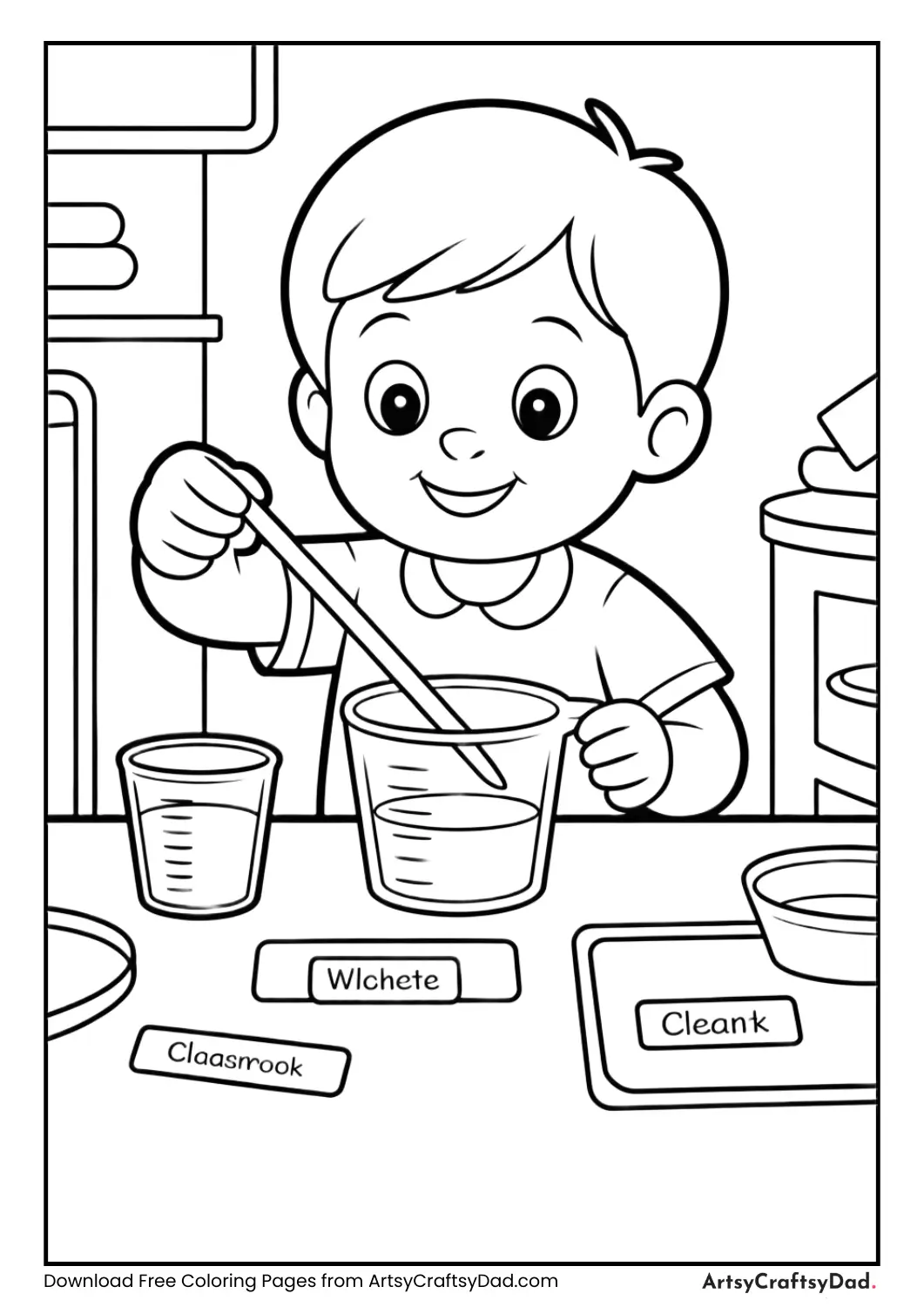 Child measuring water volume experiment coloring page